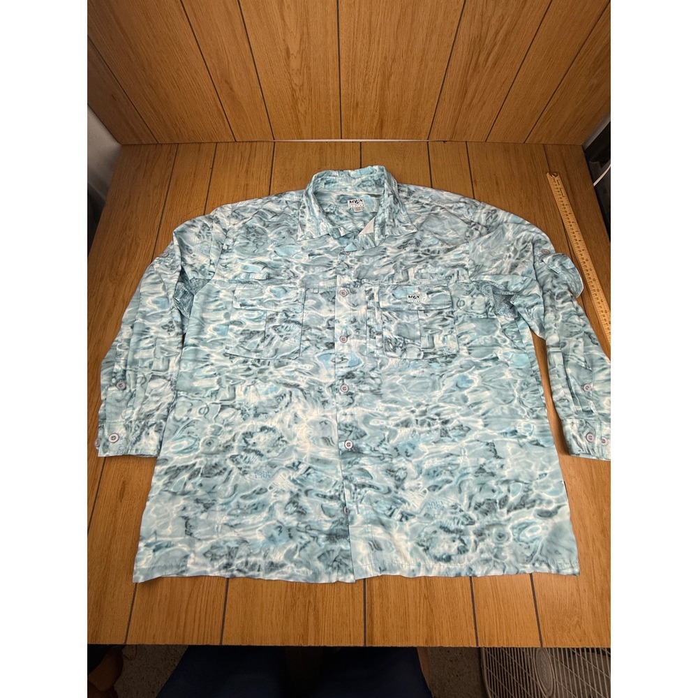 Aqua Design Mens Long Sleeve Fly Fishing Shirt Blue Water Camo Vented UPF 45 3XL